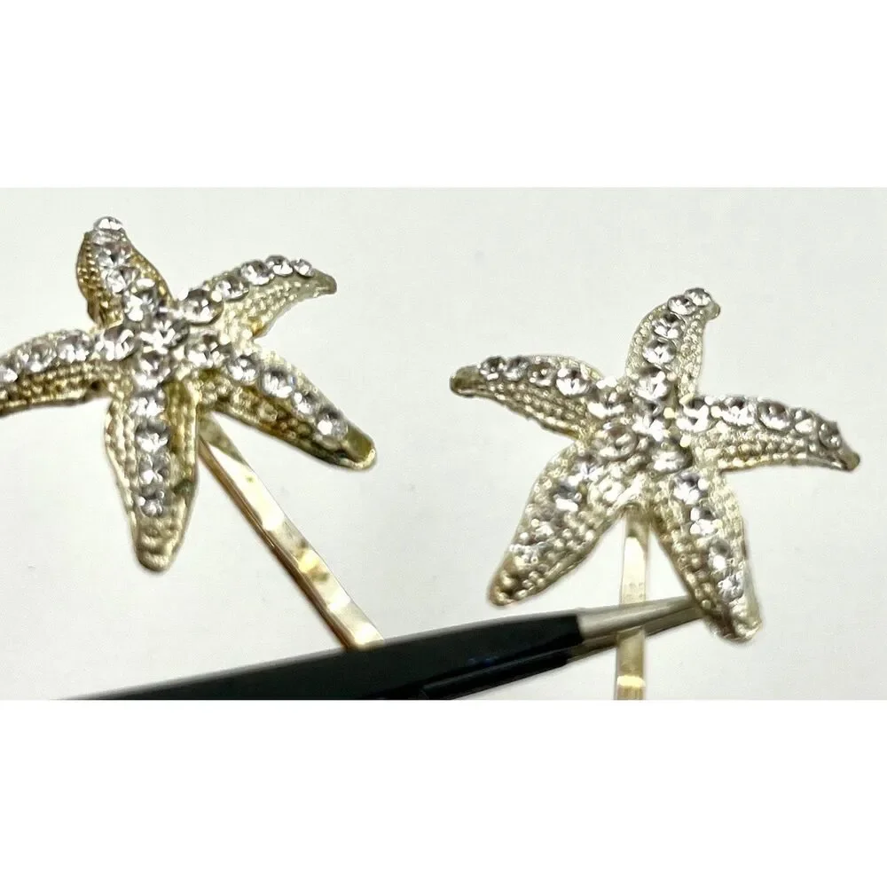 Starfish Rhinestone Hair Pins Silver and Gold Tone Pair of 2